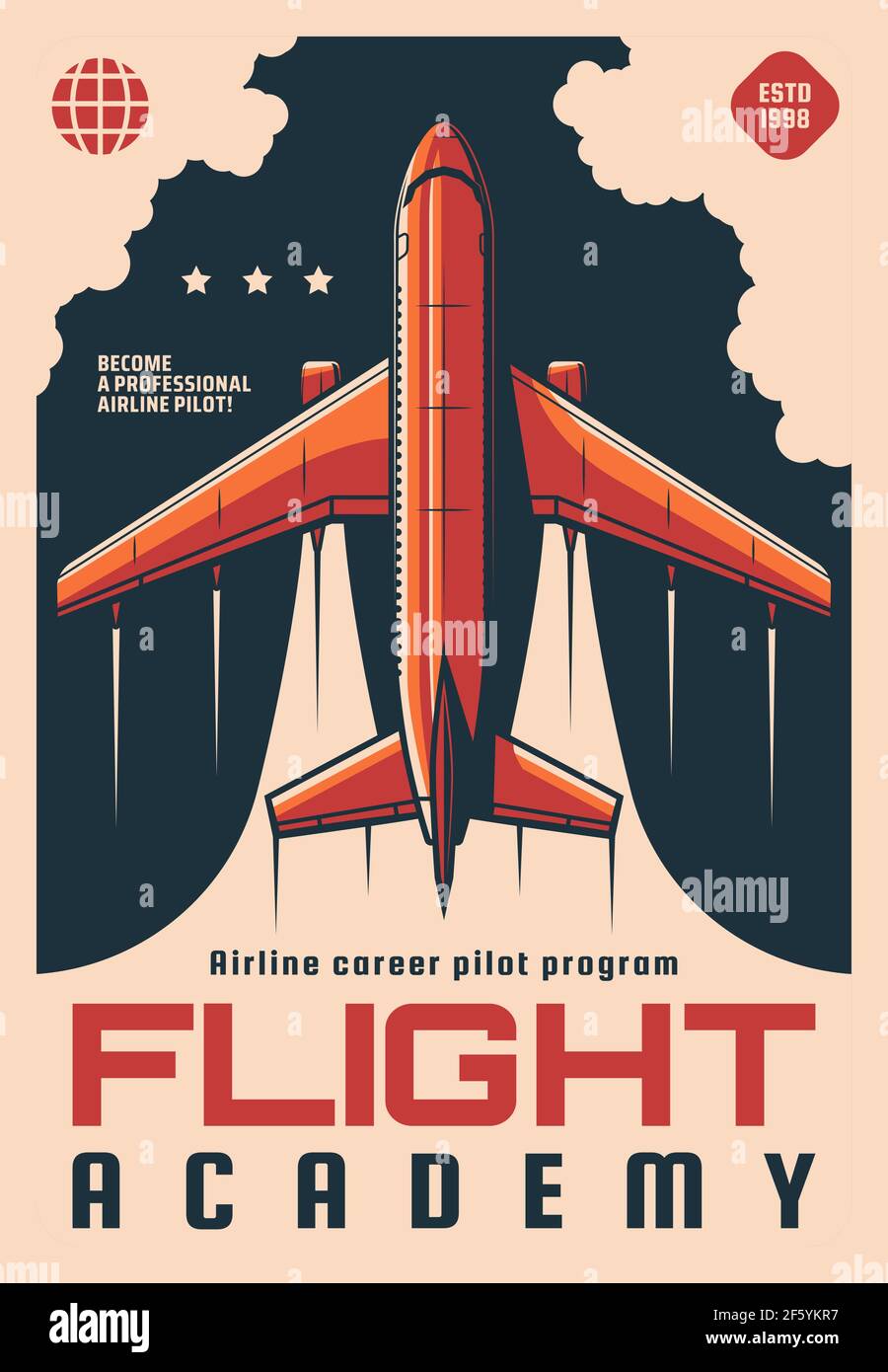 Flight academy retro vector poster. Modern plane flying in sky