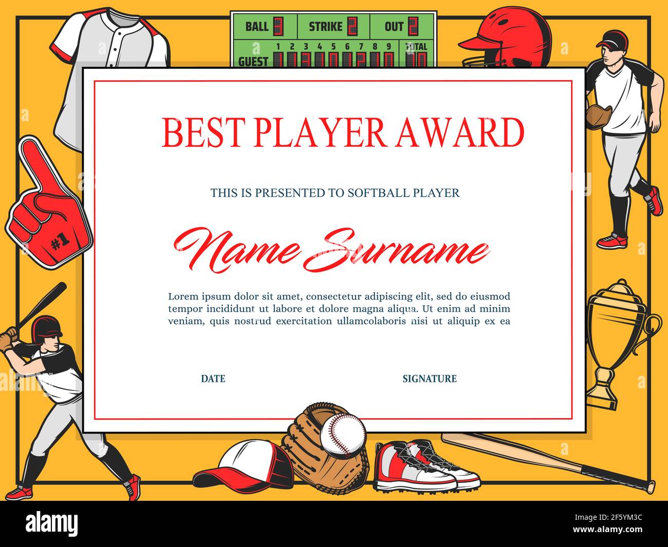 Baseball best player award diploma vector template. Winner Intended For Softball Award Certificate Template