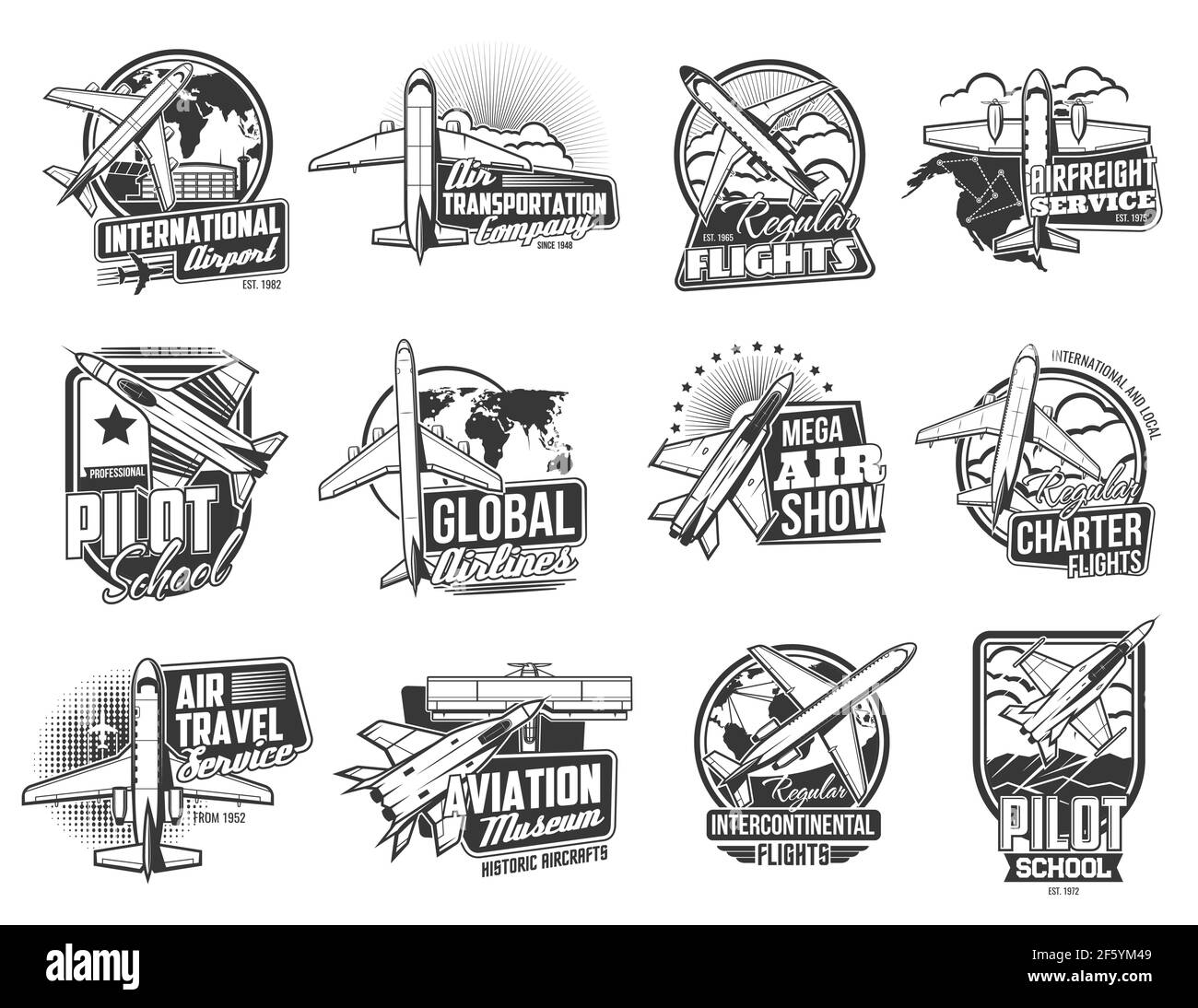 Airline flights, air transport retro icons set. International airport, transportation company and airfreight service, air show, aviation history museu Stock Vector