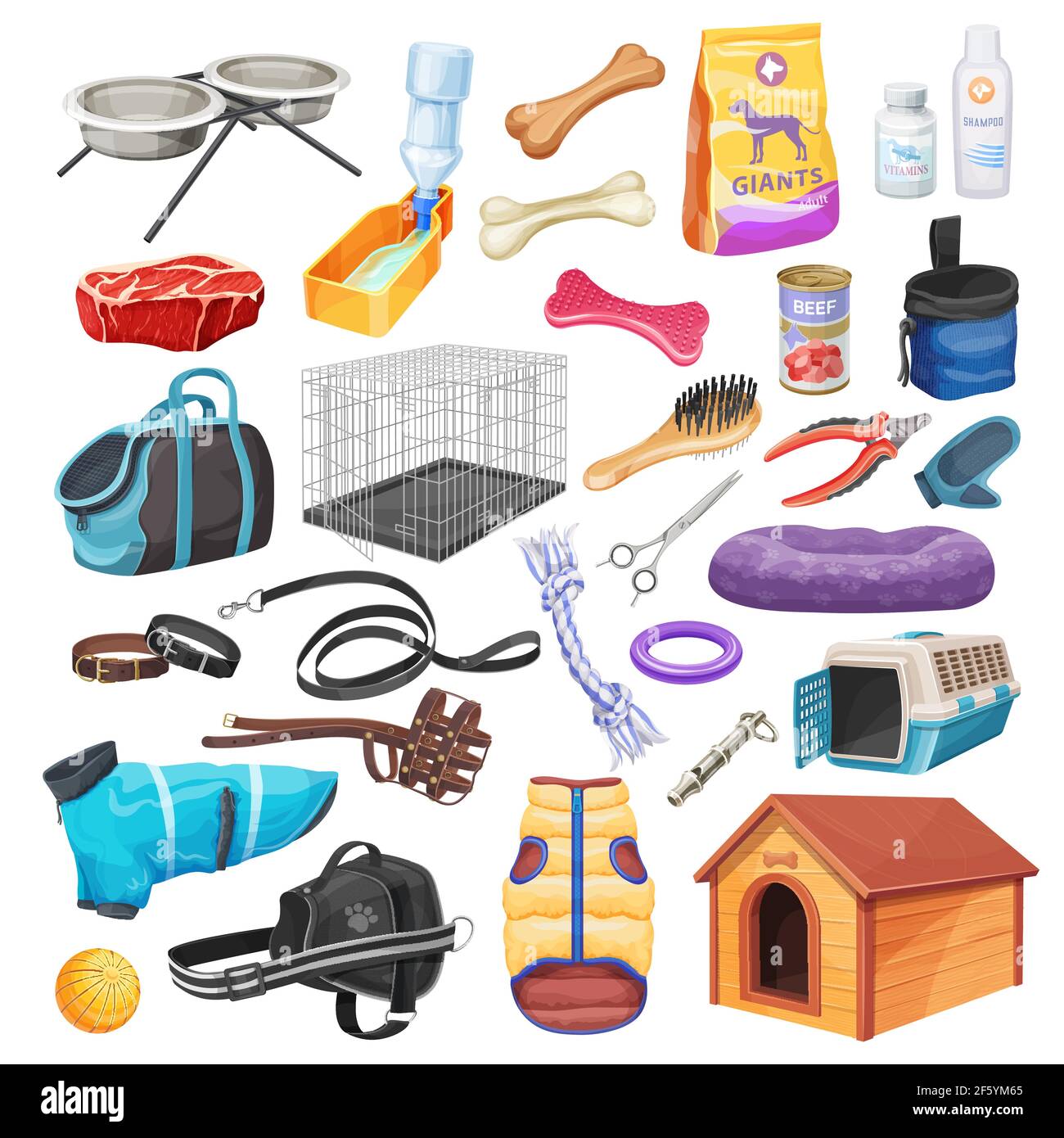 Pet shop supplies of dog care and grooming cartoon vector. Dog or