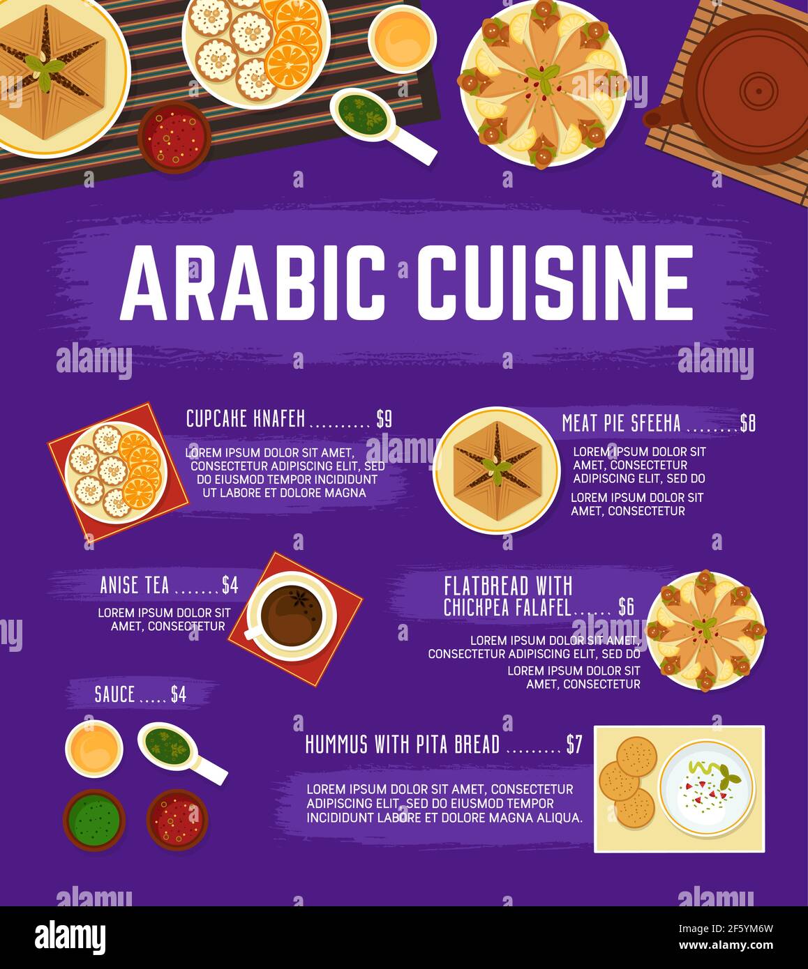 Arabic cuisine menu. Vector meat pie sfeeha, hummus with pita bread