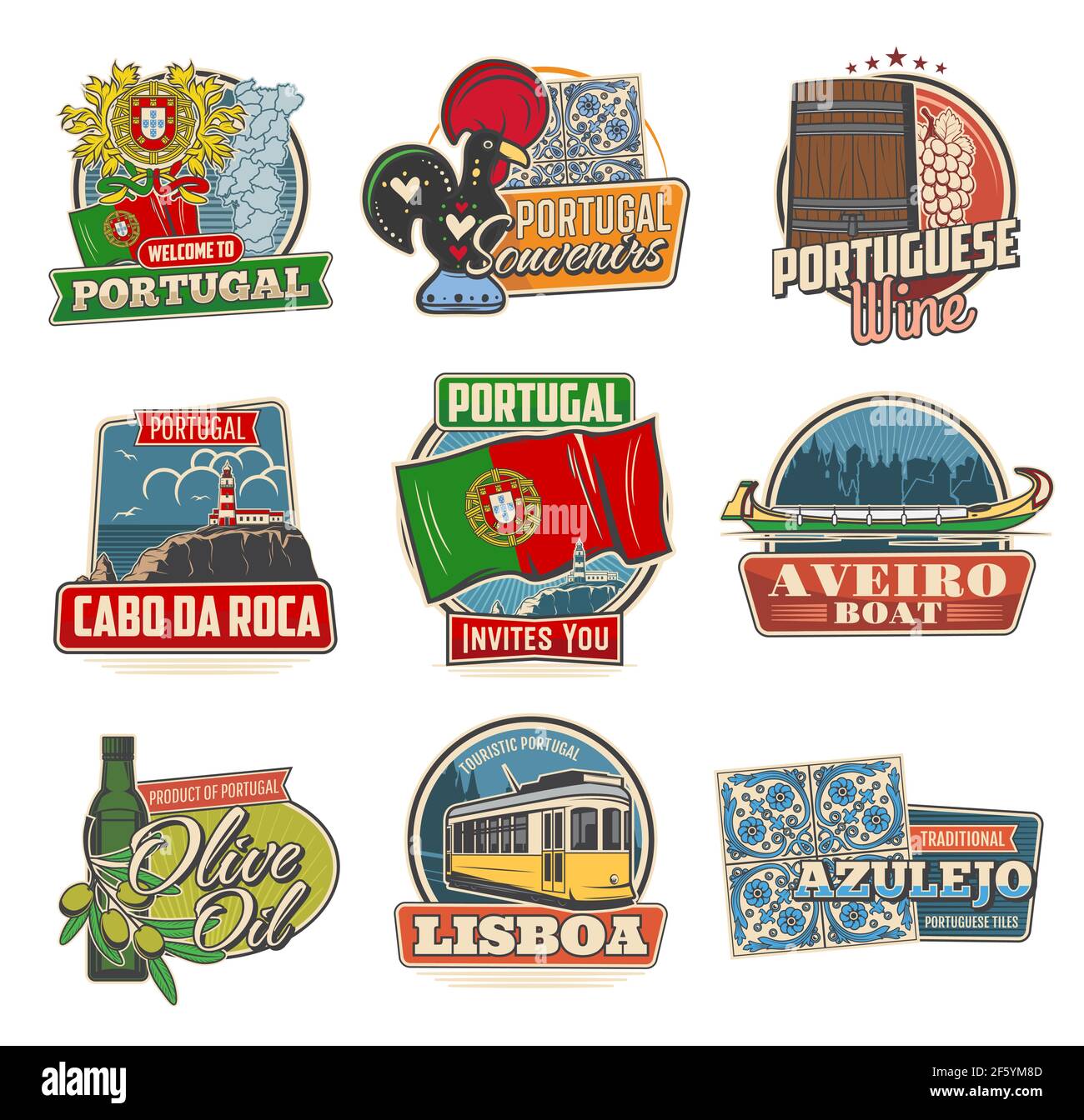 Portugal travel vector icons. Portuguese national coat of arms, beacon building and map. Portugal wine, flag and aveiro boat with olive oil, train and Stock Vector