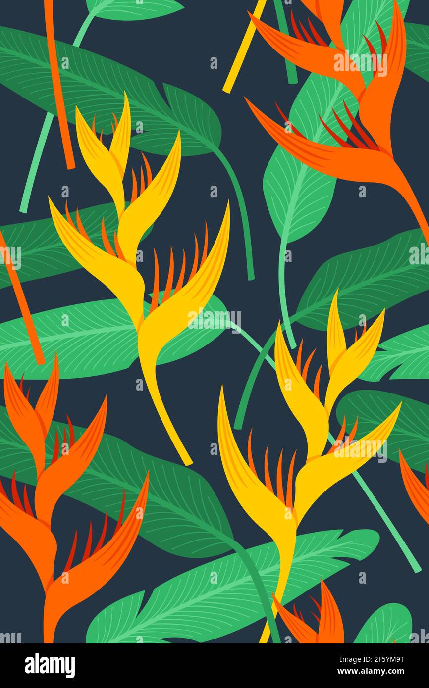 Seamless Pattern Wallpaper of Heliconia Flowers and Leaves for the