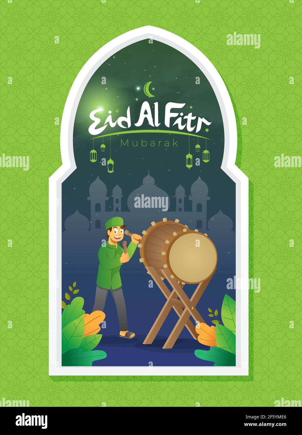 Eid al fitr vector greetings card with a boy hitting a ceremonial drum Stock Vector