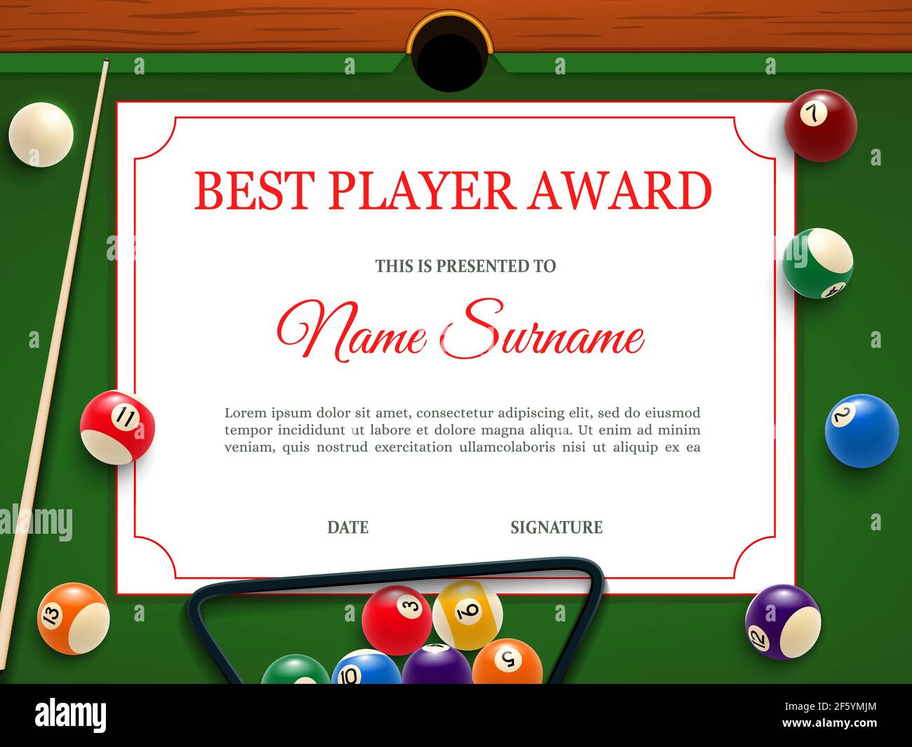 Billiard tournament best player diploma or certificate template