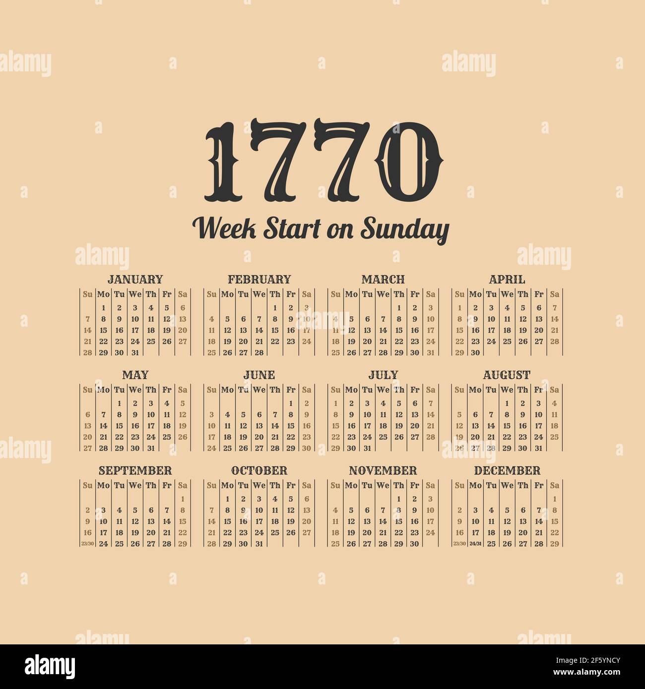 Historic Vector Calendar Of 1770 Start On Sunday Stock Vector Image our-services-uum-holdings