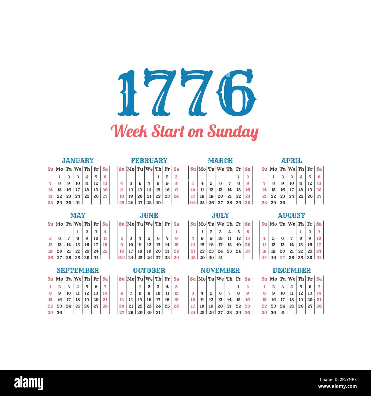 Historic vector calendar of 1776. Start on Sunday Stock Vector