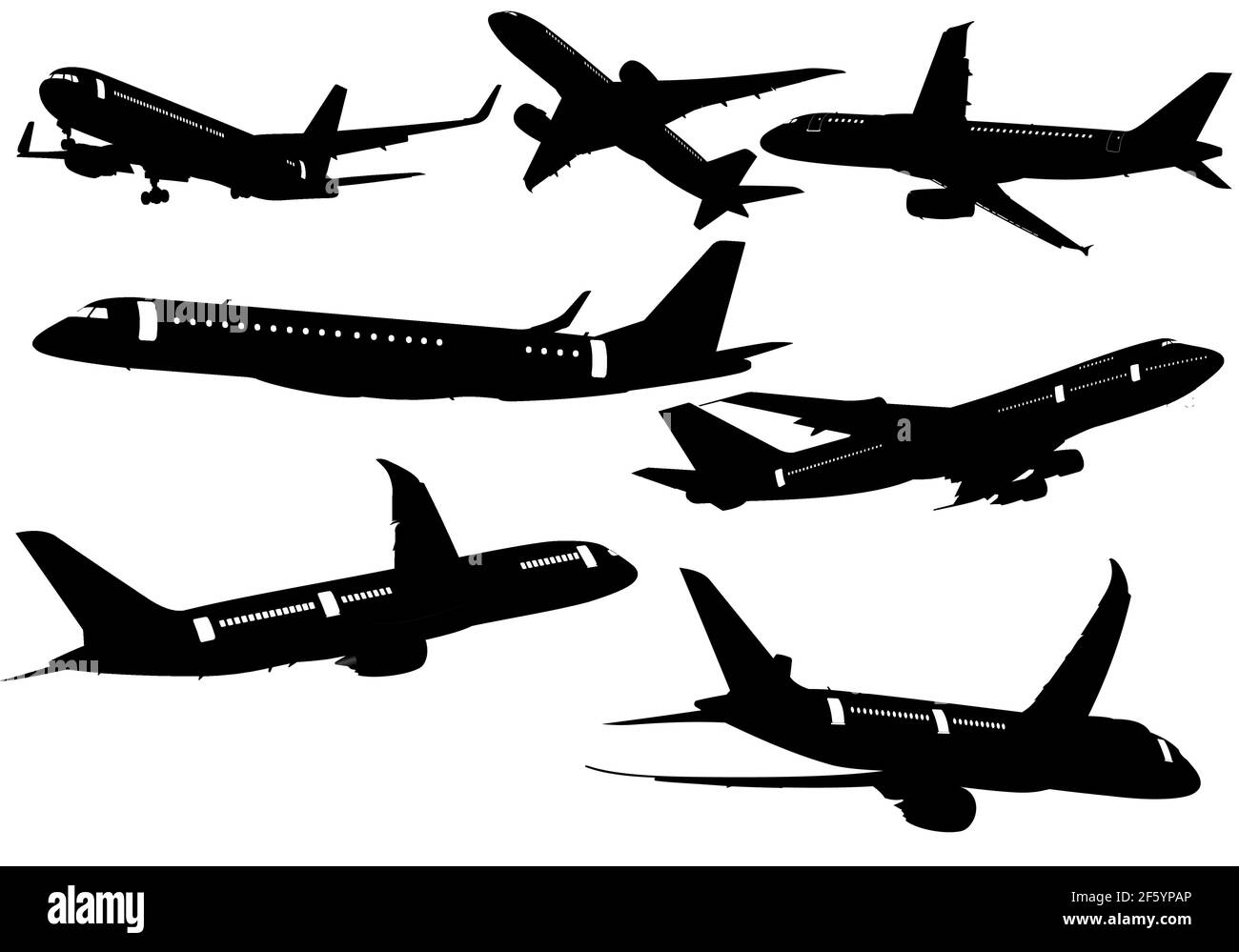 Collection of few kinds of aircraft silhouettes on the air. Vector ...