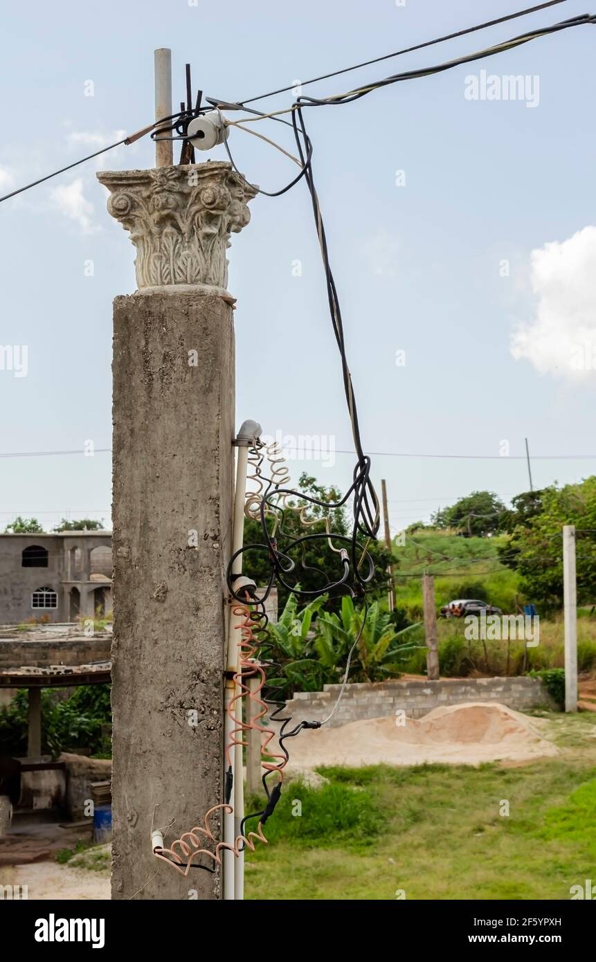 Electrical Service Line Connection To Concrete Post Stock Photo