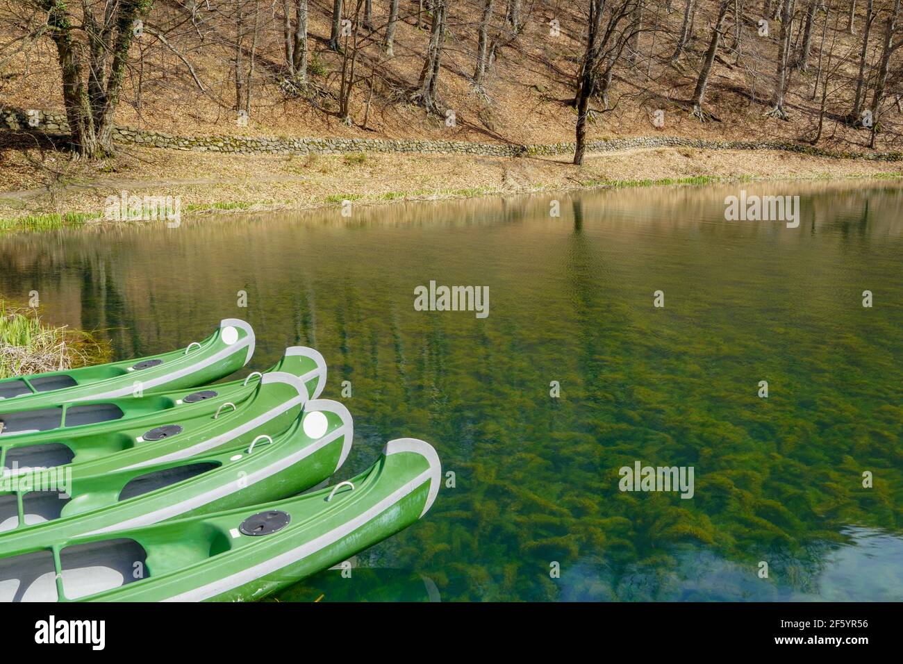 Beautiful nature scene on the lake with a green kayak. Stock Photo