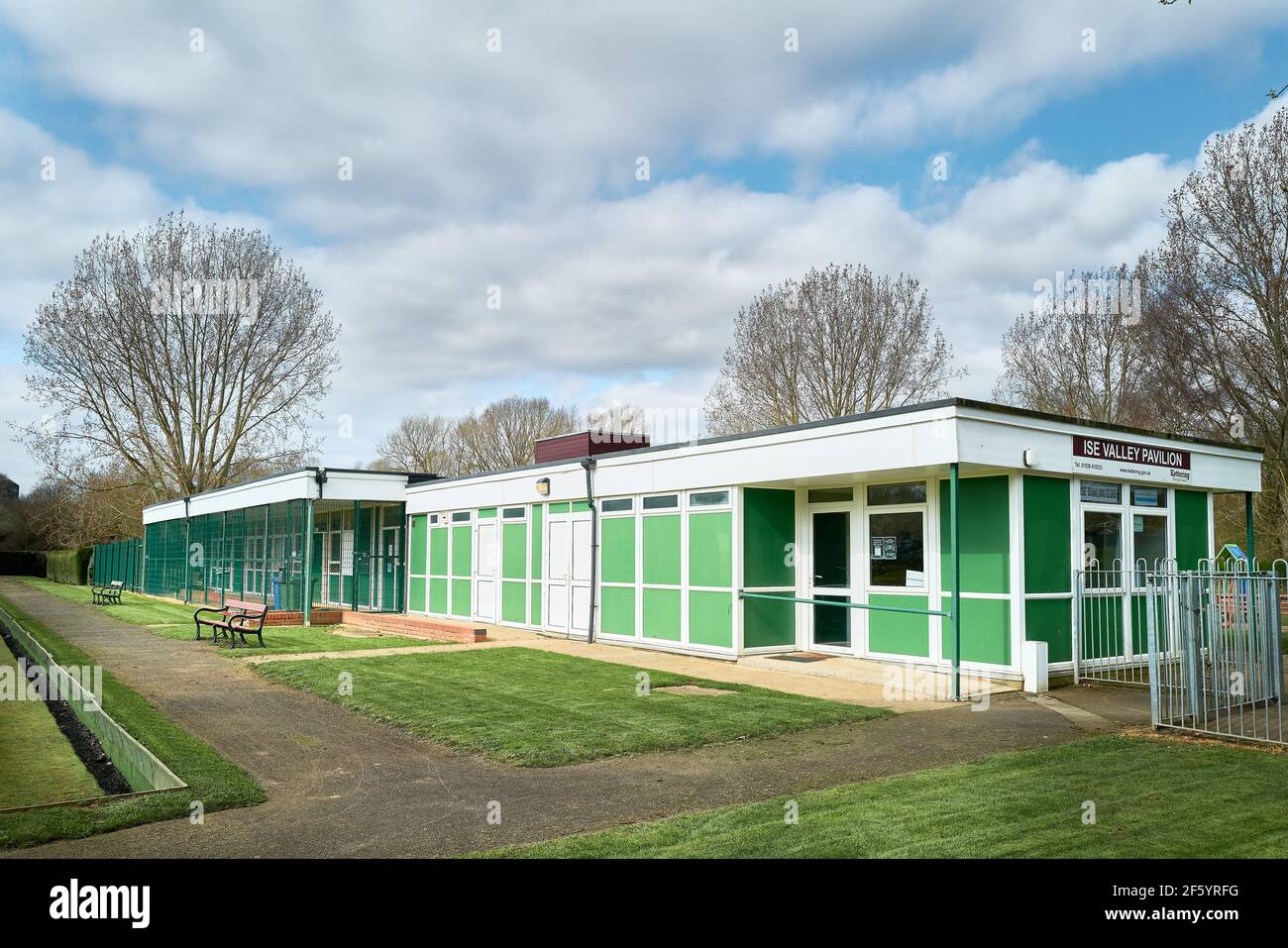 Ise Valley pavilion and bowling green, Kettering, England, closed during a national lockdown, march 2021, to prevent the spread of covid-19. Stock Photo