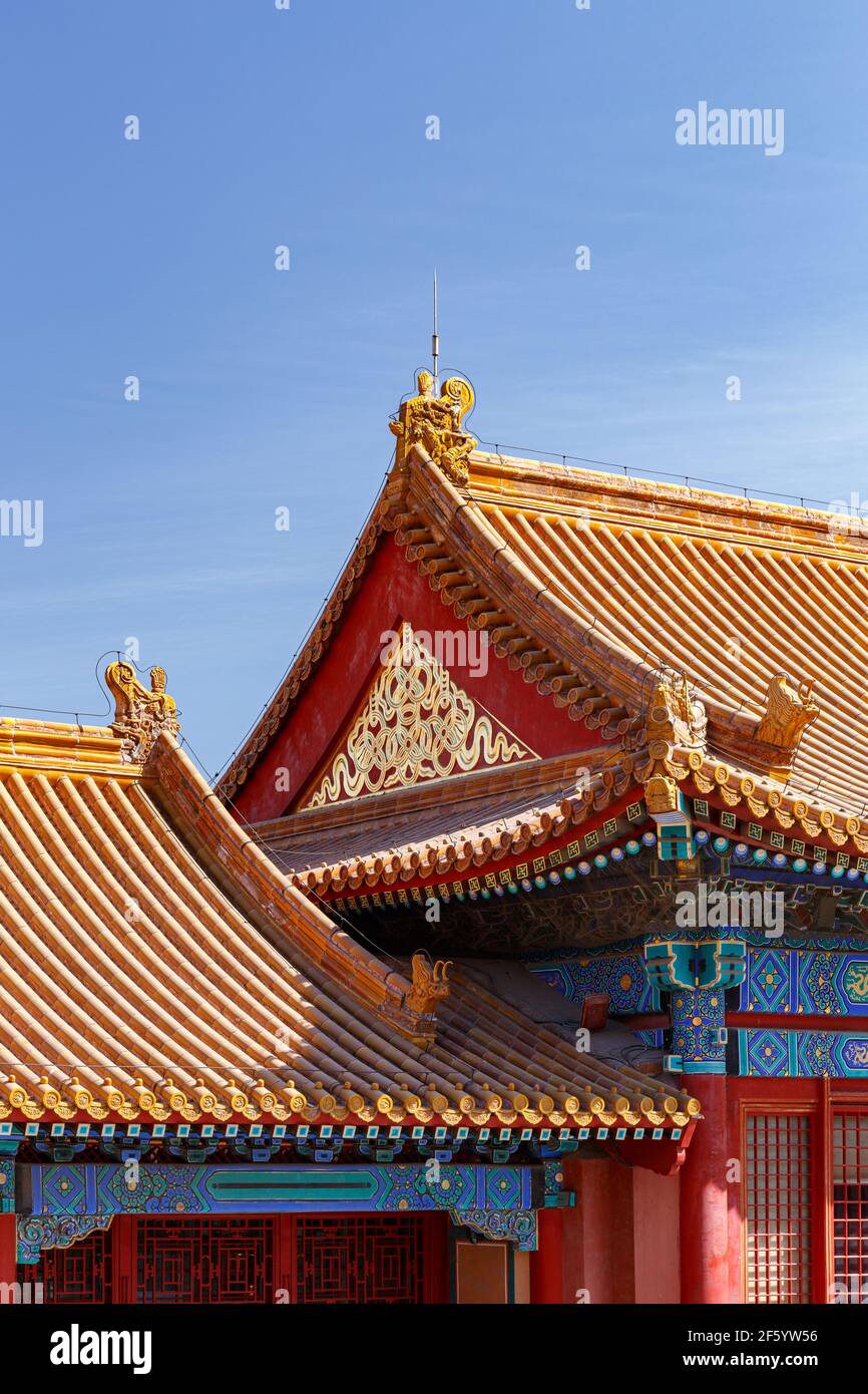 Rooftops and eaves on palace buildings at the Forbidden City in Beijing, China in March 2018. Stock Photo