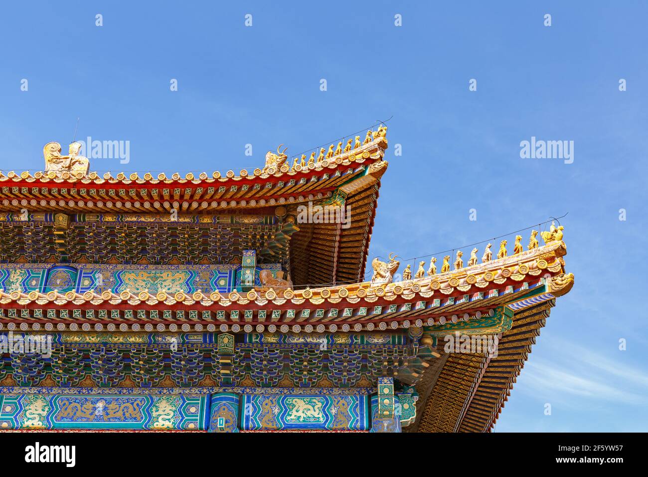 Rooftops and eaves on palace buildings at the Forbidden City in Beijing, China in March 2018. Stock Photo
