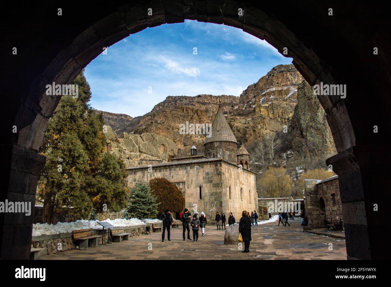 Geghard, Armenia - January 17, 2021: Geghard monastery, a UNESCO world heritage site in Armenia Stock Photo