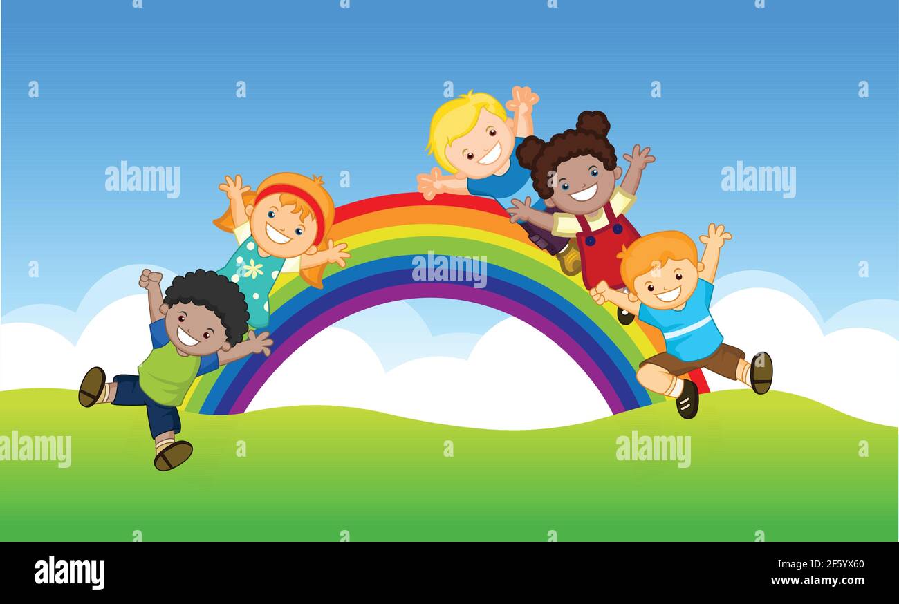 Happy kids cartoon playing with landscape rainbow Vector Image