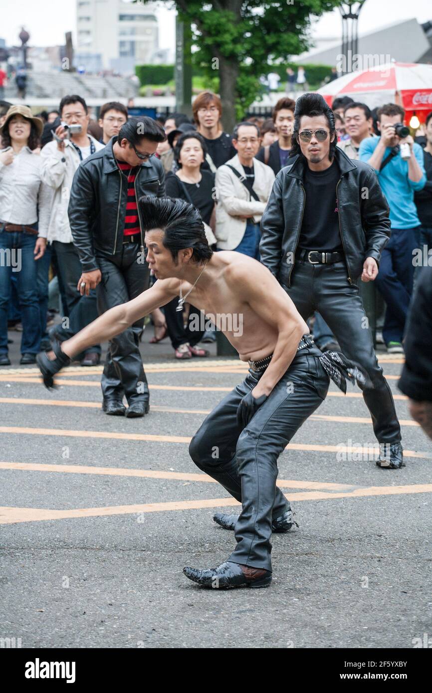 Japanese Rockabillies in leather pants with quiffs dancing in Yoyogi ...