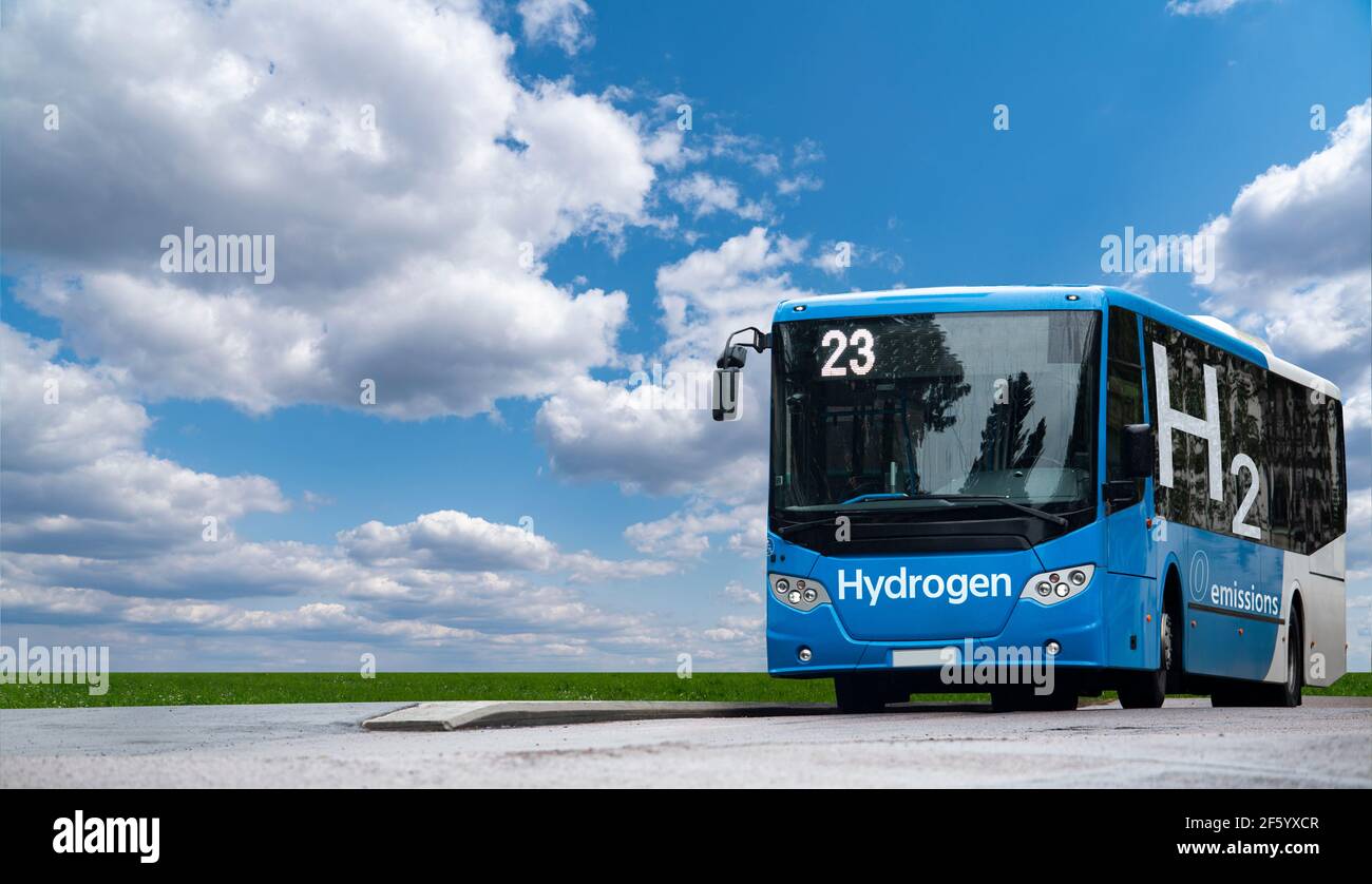 A hydrogen fuel cell bus stand at the bus station Stock Photo