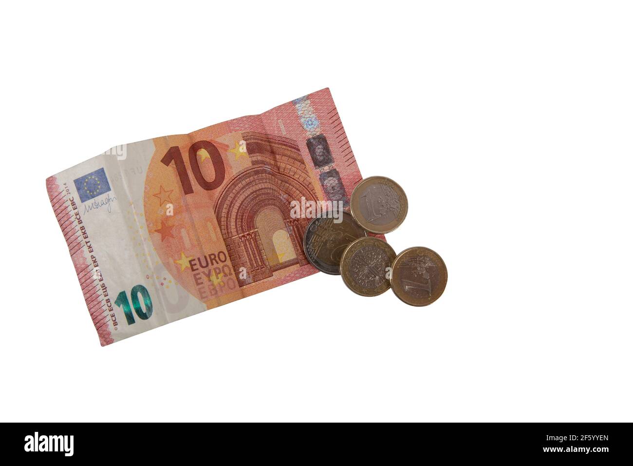 Ein 10 Euro Schein und 5 Euro in Münzen freigestellt Stock Photo