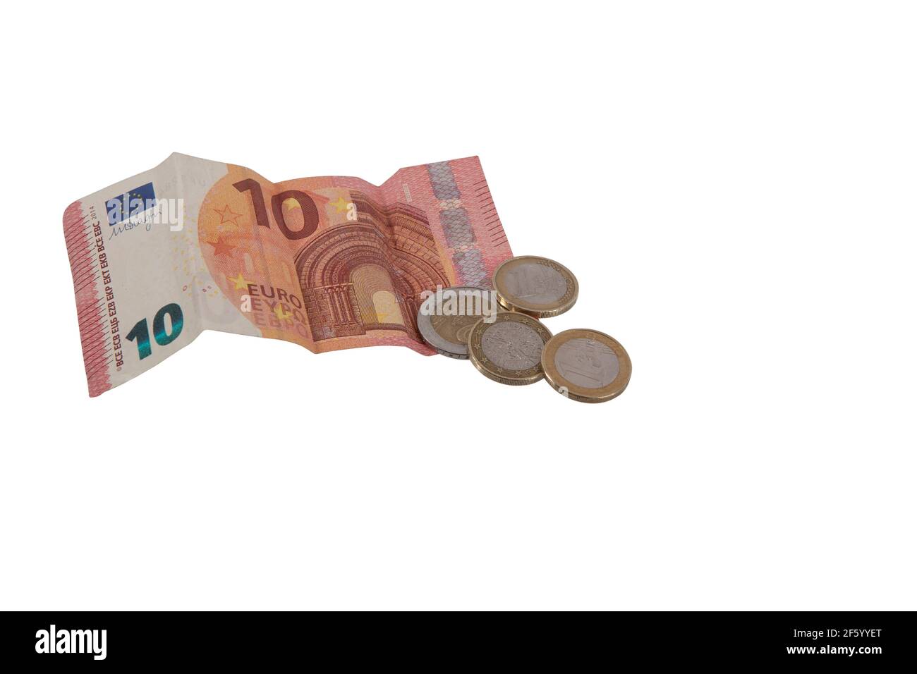 Ein 10 Euro Schein und 5 Euro in Münzen freigestellt Stock Photo