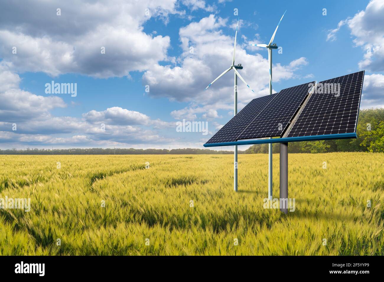 Solar panels and wind turbines on a green field. Sustainable energy ...