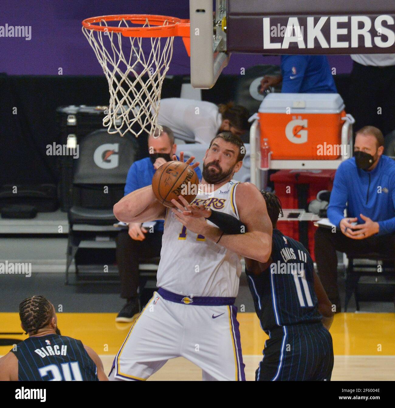 Los Angeles, United States. 29th Mar, 2021. Los Angeles Lakers' center Marc Gasol is fouled by Orlando Magic forward James Ennis III during the first half at Staples Center in Los Angeles on Sunday, March 28, 2021. The Lakers defeated the Magic 96-93. Photo by Jim Ruymen/UPI Credit: UPI/Alamy Live News Stock Photo