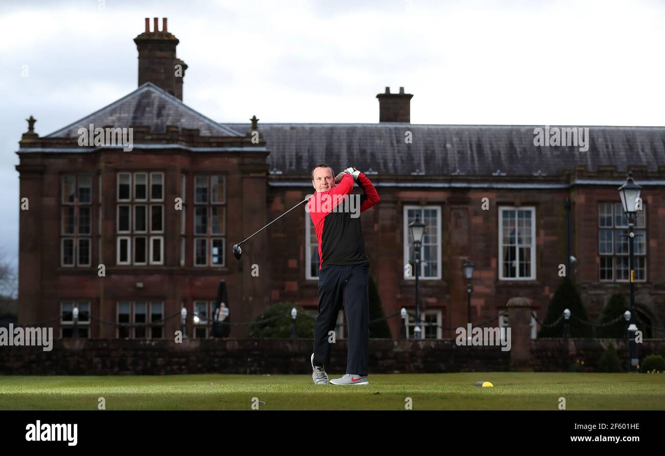 Simon Ledger tees off at Vale Royal Abbey Golf Club, Cheshire following the easing of England's lockdown to allow far greater freedom outdoors. Picture date: Monday March 29, 2021. Stock Photo