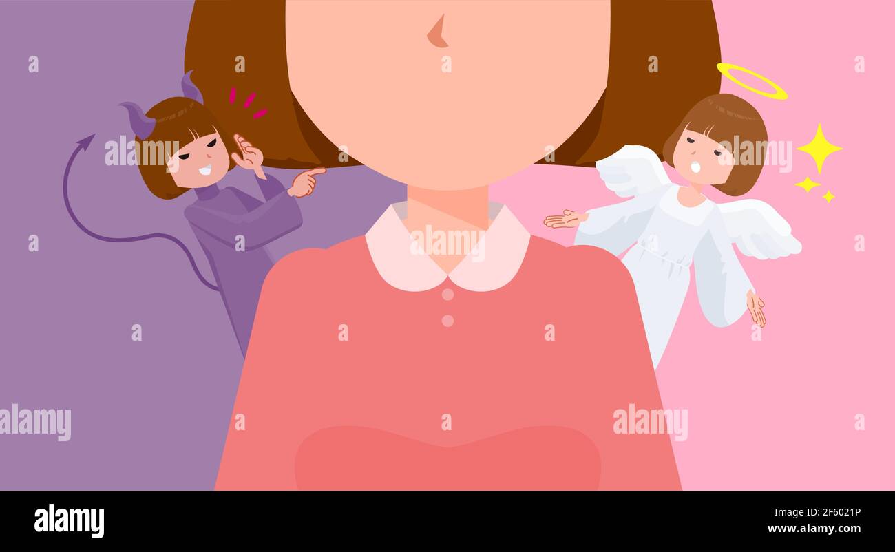 A set of women struggling between an angel and a devil.It's vector art so easy to edit. Stock Vector