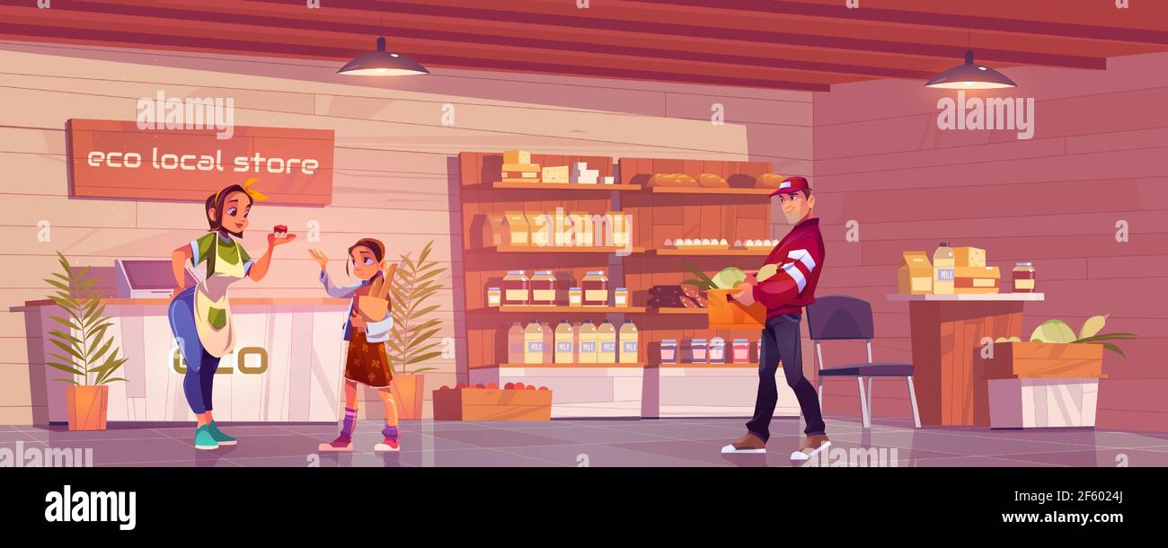Local eco store with customer, saleswoman and porter. Woman owner giving  cupcake to little girl holding shopping bag with products. Grocery shop  with ecological production. Cartoon vector illustration Stock Vector Image &