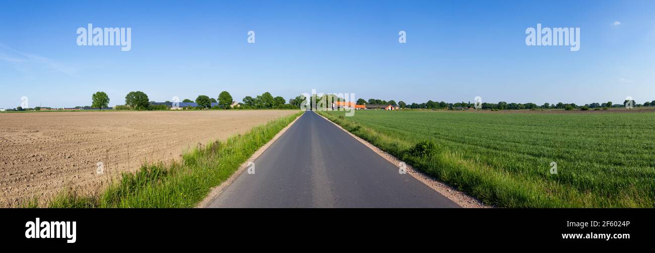 Belgian countryside landscape during spring with fair weather and asphalt road (Brecht, Antwerp) Stock Photo