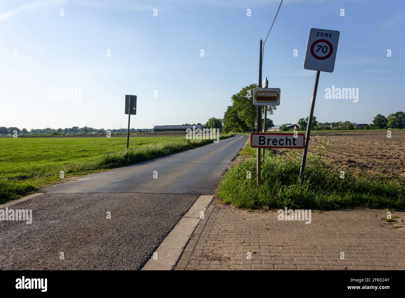 Town sign of Brecht on a countryside road during spring (Antwerp, Belgium) Stock Photo