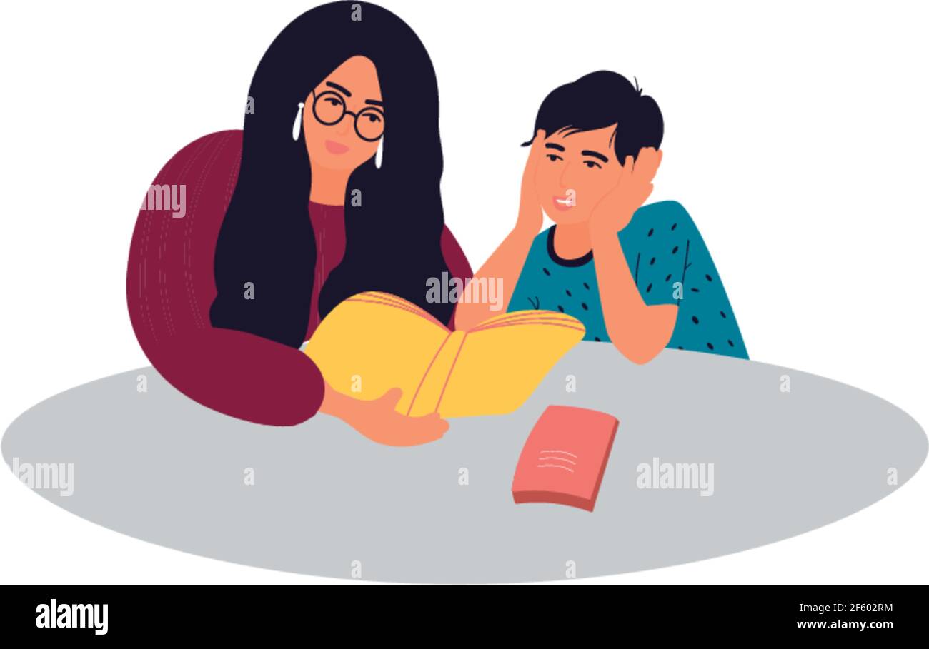 Mother and son are doing their homework Stock Vector