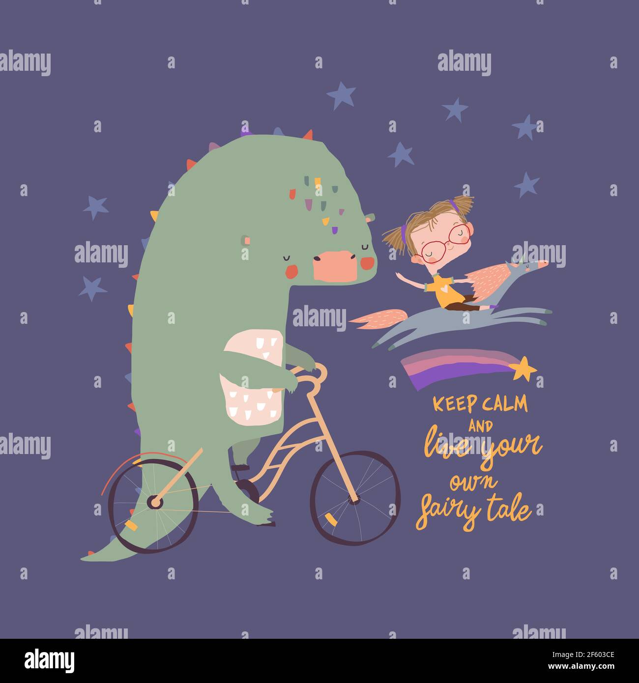 Funny cartoon dinosaur ride on a bicycle. Cute dragon traveler and little girl Stock Vector