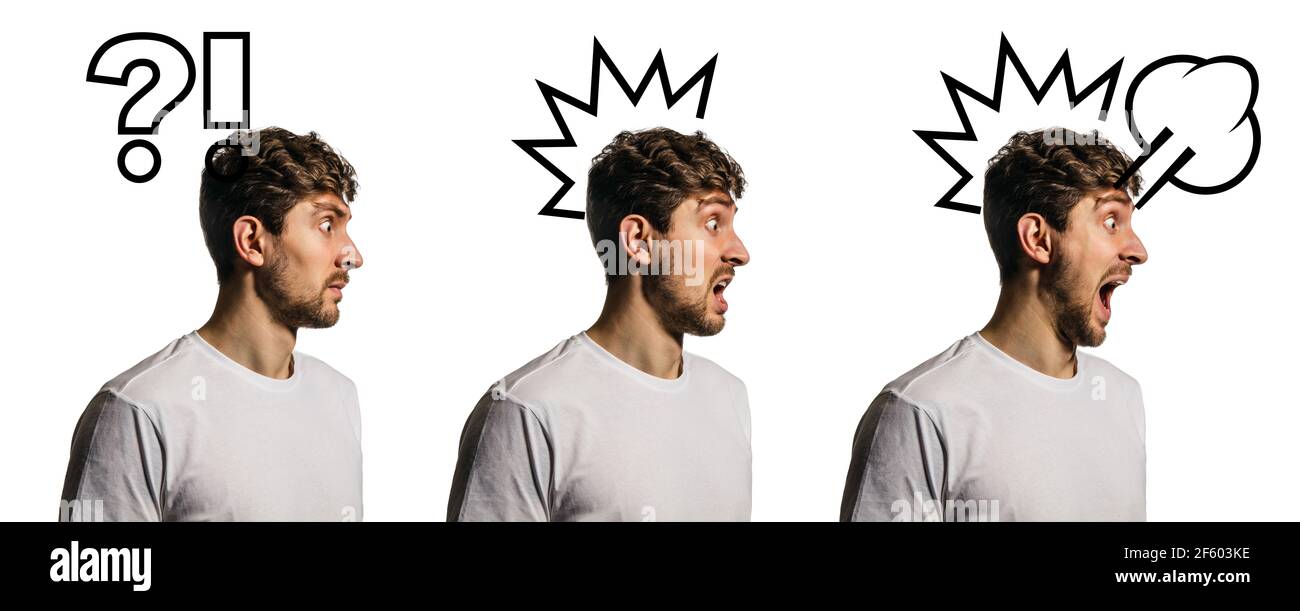 Thoughtful, finding solution man with question and exclamation marks. Collage Stock Photo