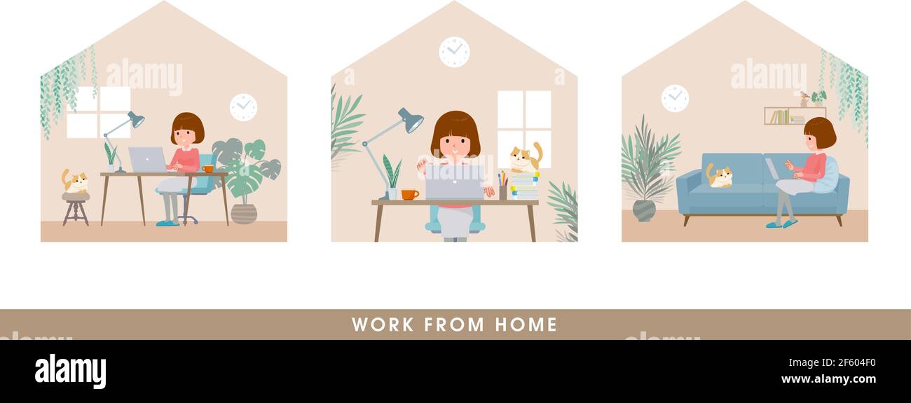 A set of women working from home. It's vector art so easy to edit. Stock Vector