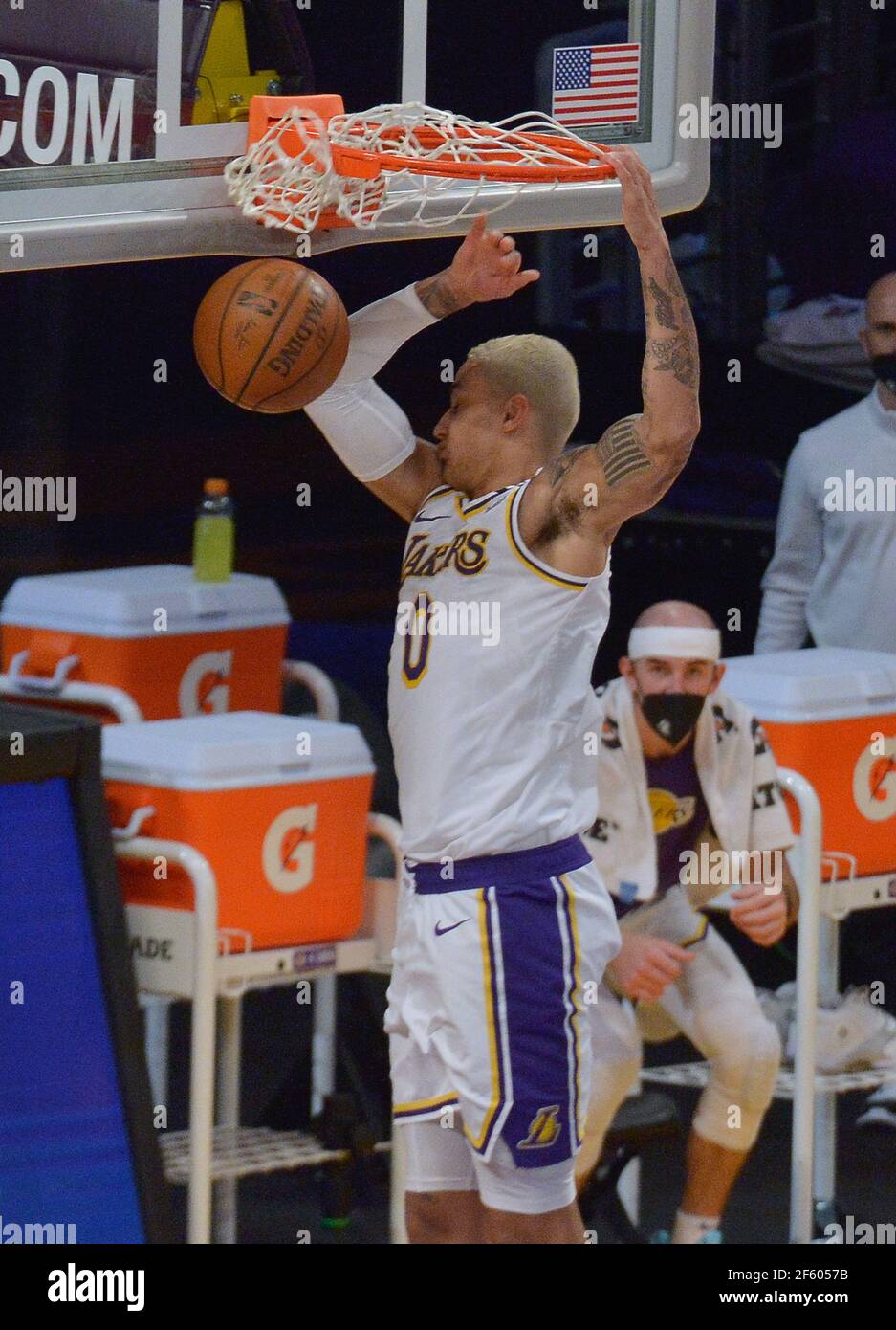 Los Angeles, United States. 29th Mar, 2021. Los Angeles Lakers' forward Kyle Kuzma jams for two points against the Orlando Magic during the second half at Staples Center in Los Angeles on Sunday, March 28, 2021. The Lakers defeated the Magic 96-93. Photo by Jim Ruymen/UPI Credit: UPI/Alamy Live News Stock Photo