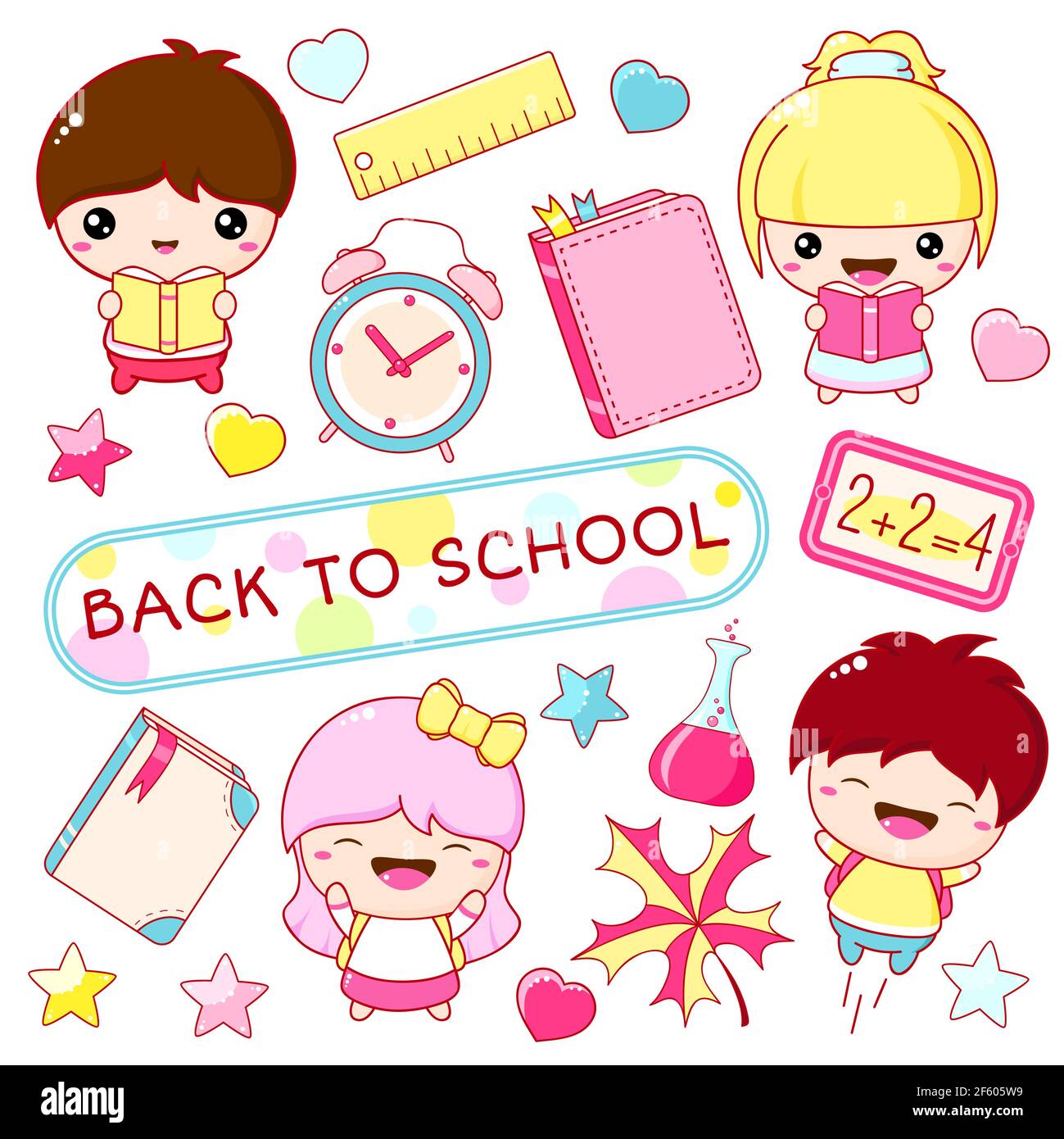 Back to school. Vector set of education icons in kawaii style. Stickers