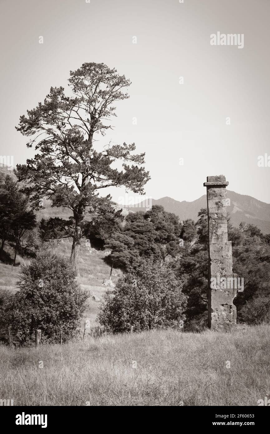 A chimney, all that remains of a farmhouse, standing alone in the countryside. Retro sepia image. Photographed in New Zealand Stock Photo