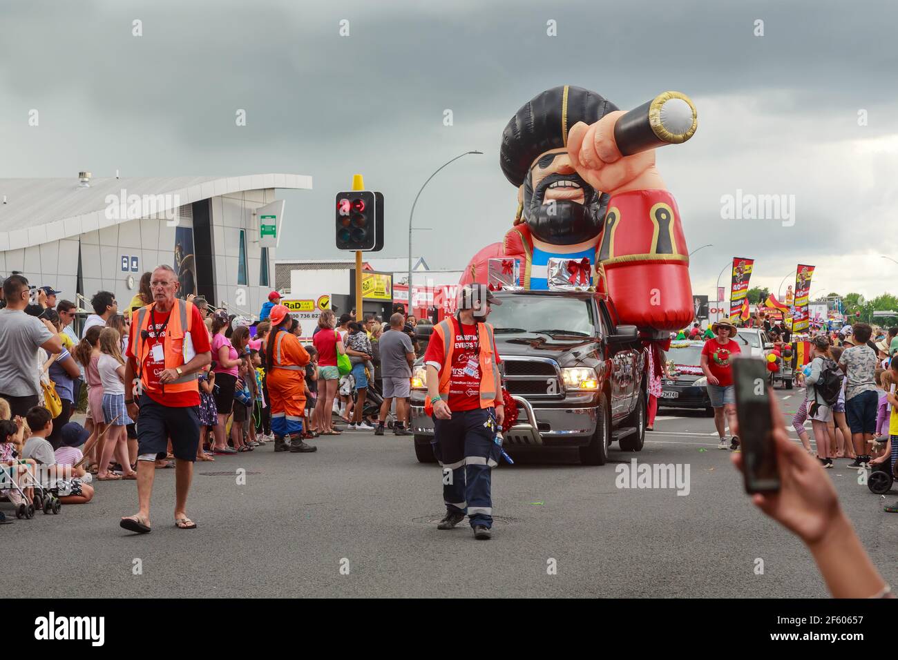 A giant inflatable pirate being driven through the streets at a Christmas parade in Hamilton, New Zealand Stock Photo