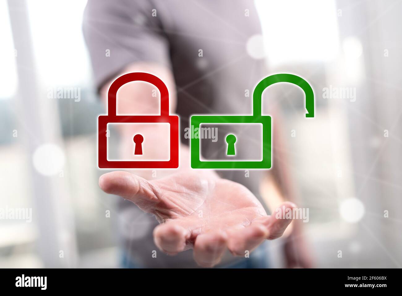 Cyber security concept above the hand of a man in background Stock ...