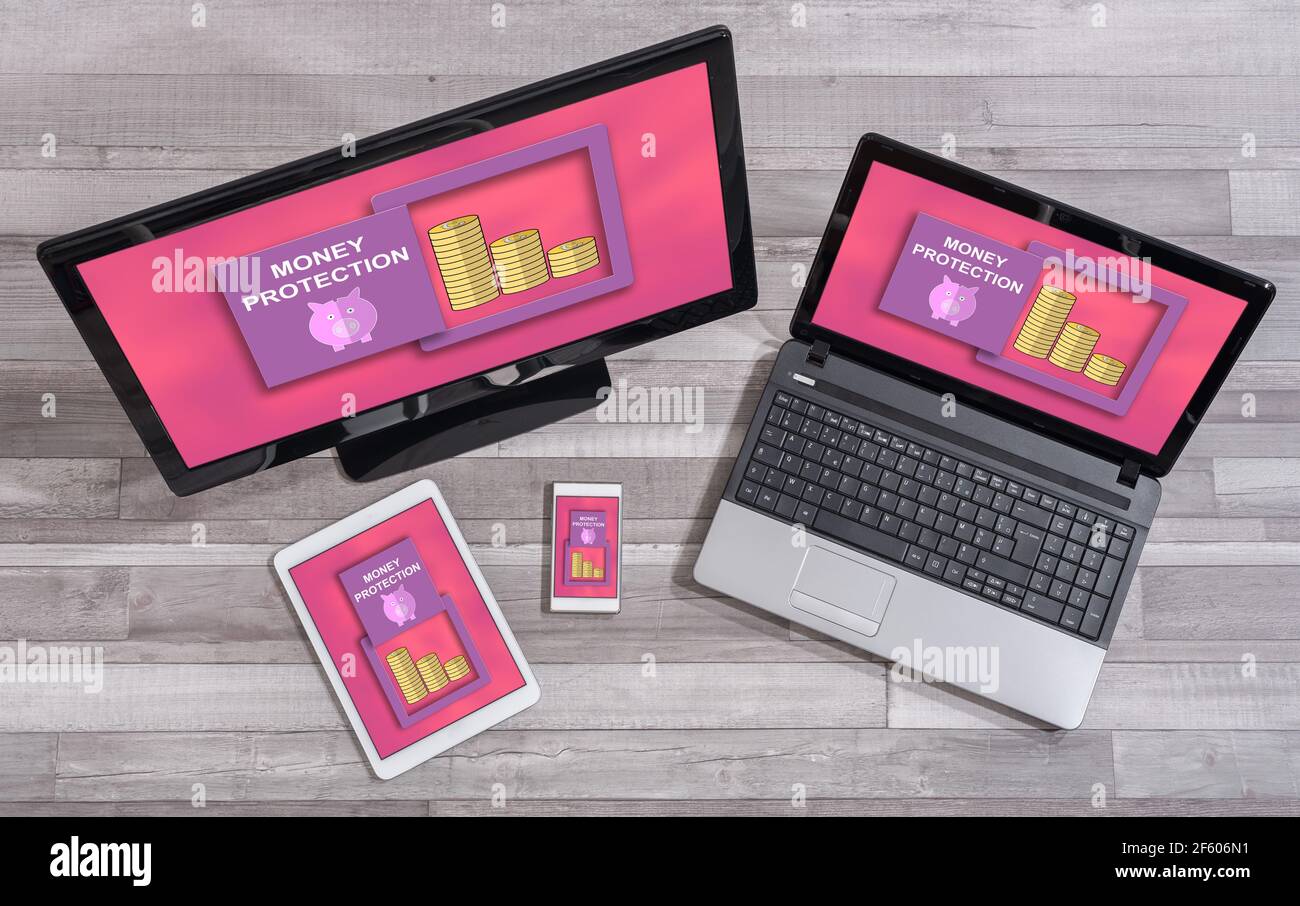 Money protection concept shown on different information technology devices Stock Photo