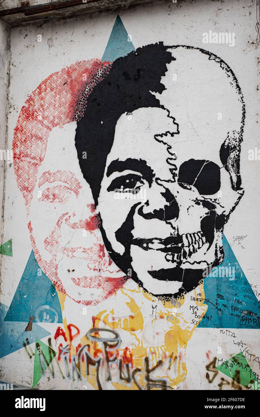 Painting on a Wall in a City depicting Actor Gary Coleman on Half a Face a Skull on the other Half. Stock Photo