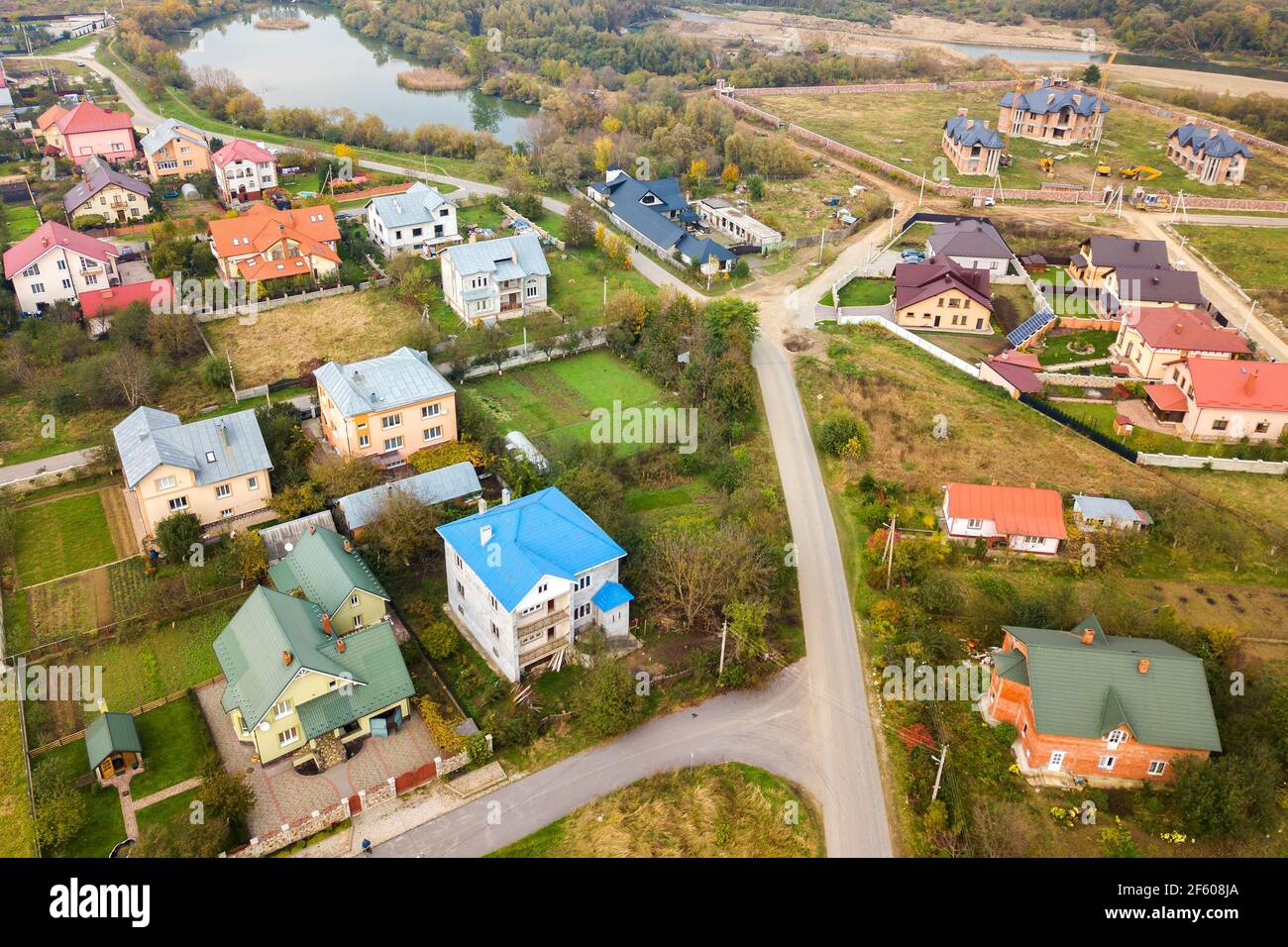 Aerial view of home roofs in residential rural neighborhood area Stock ...