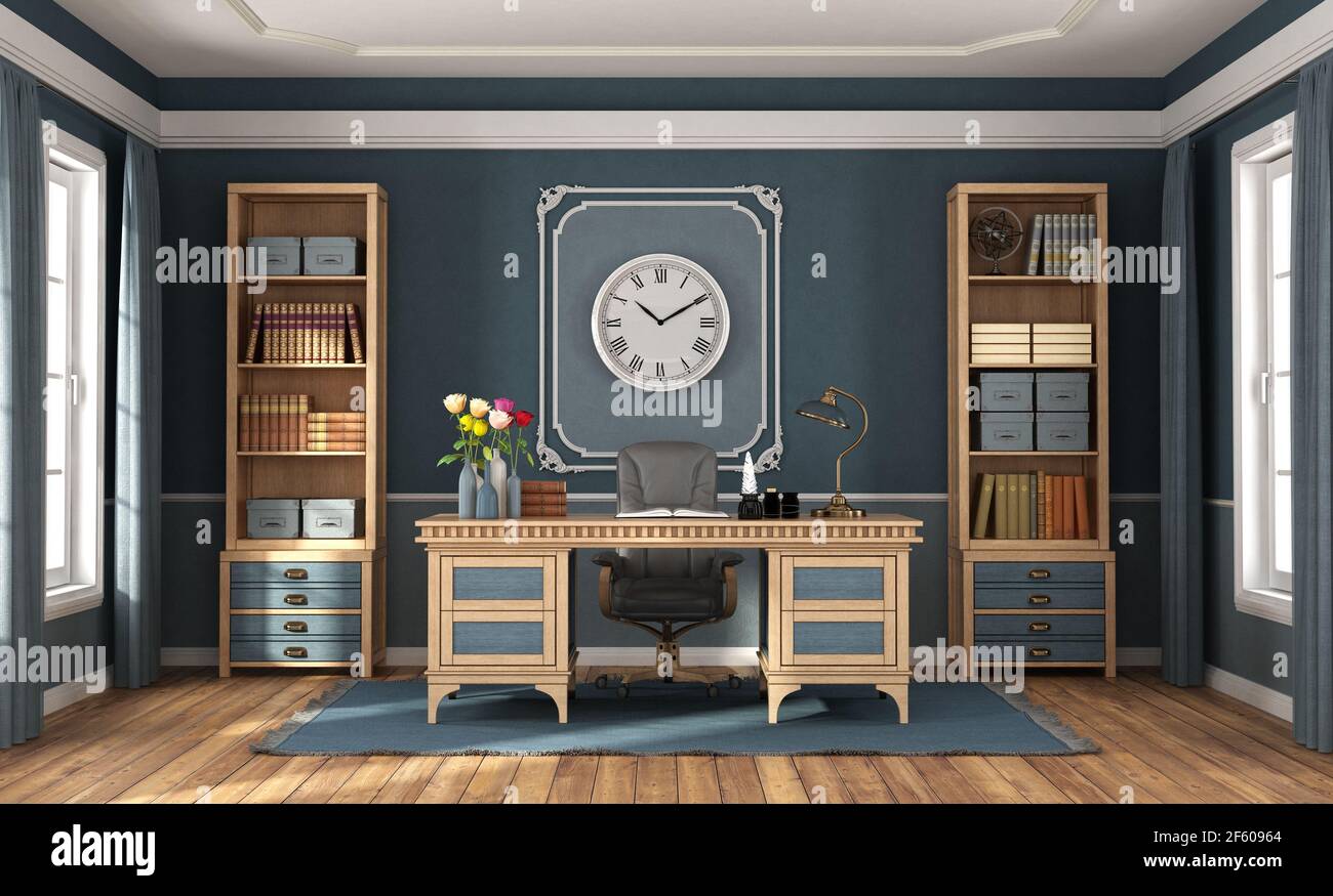 Classic style home office with blue walls, wooden desk and bookcases - 3d rendering Stock Photo