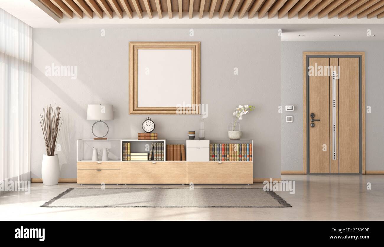 Minimalist home entrance with front door and sideboard with decor objects and wooden ceiling - 3d rendering Stock Photo