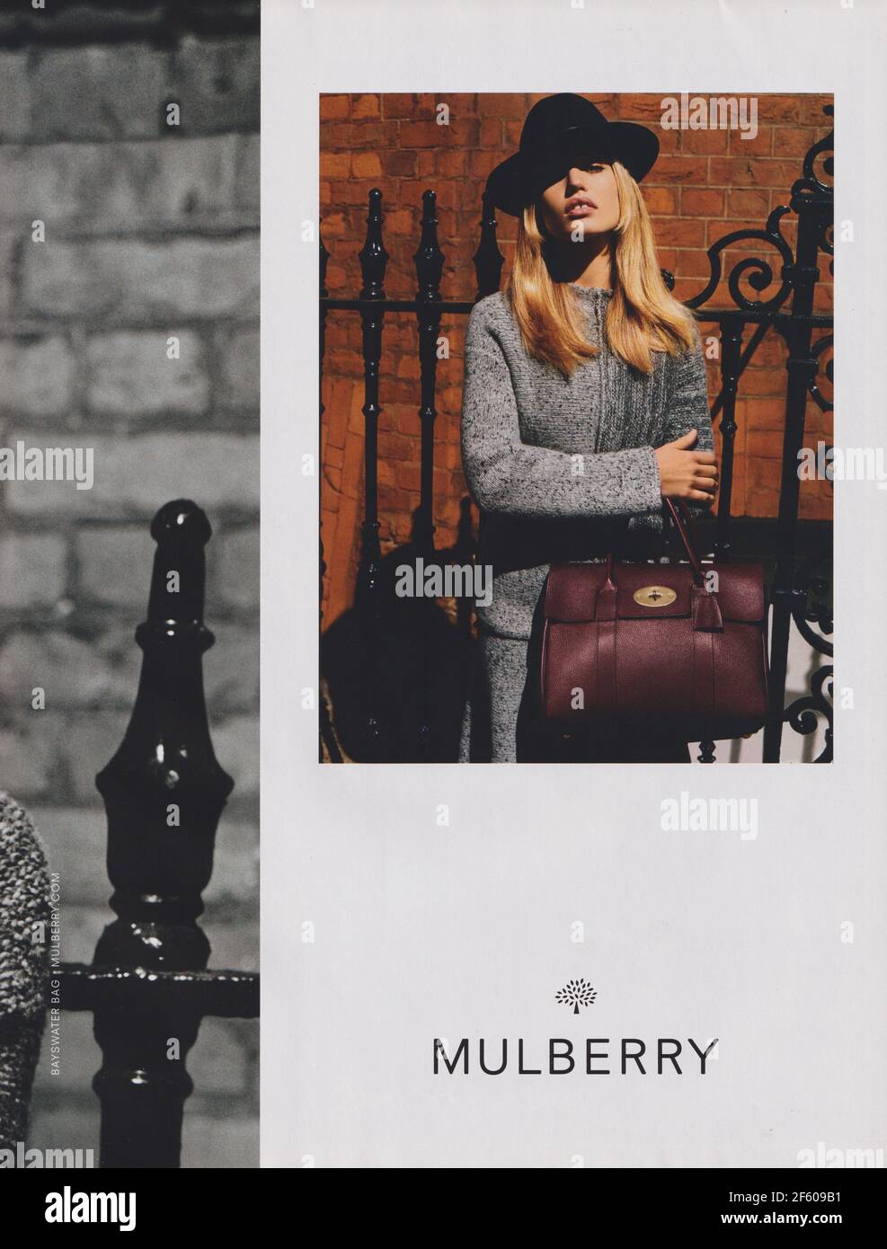 poster advertising Mulberry fashion house with Georgia May Jagger in paper magazine from 2015 year, advertisement, creative Mulberry advert from 2010s Stock Photo