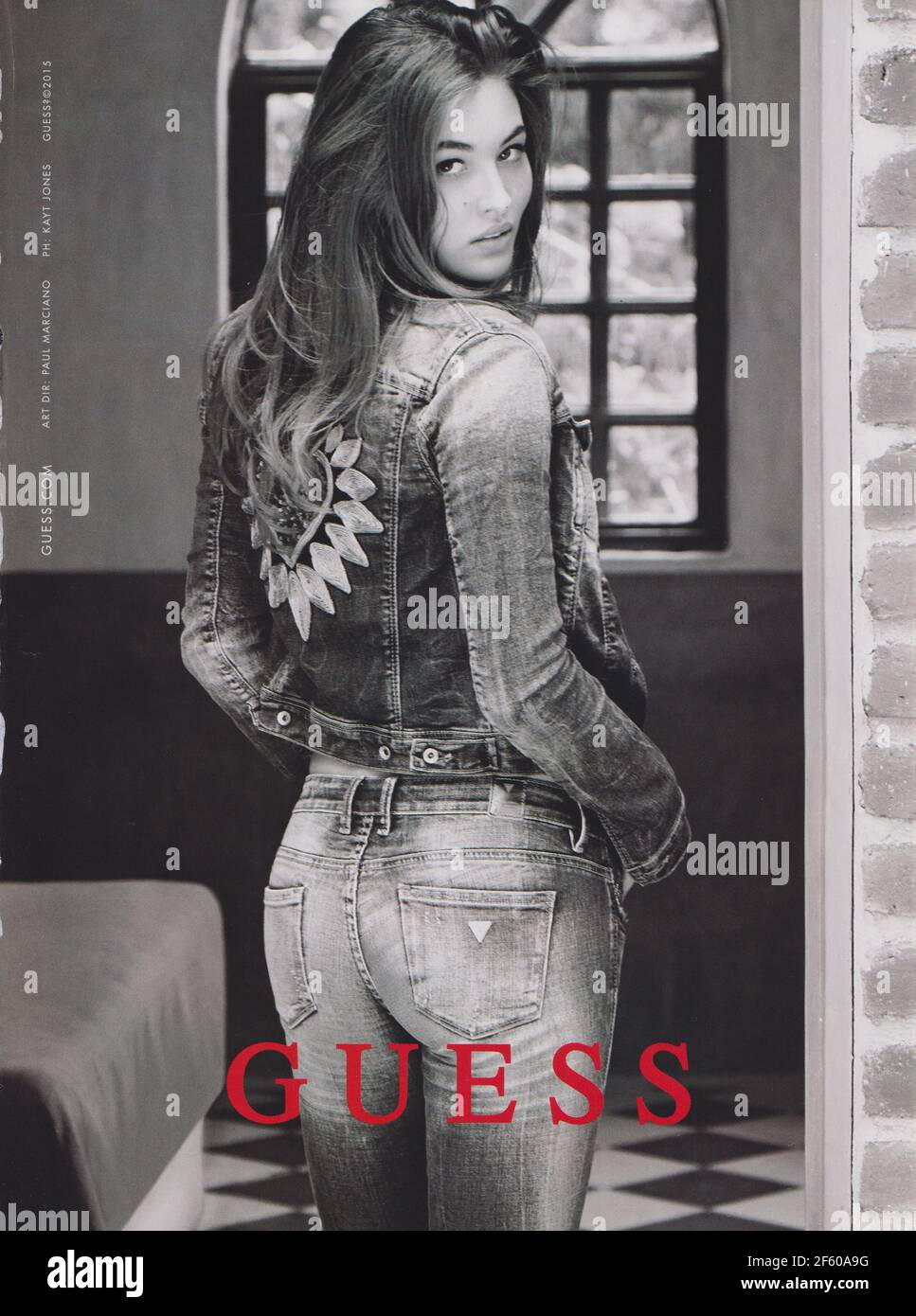 poster advertising GUESS with Grace Elizabeth in paper magazine from 2015  year, advertisement, creative GUESS advert from 2010 Stock Photo - Alamy