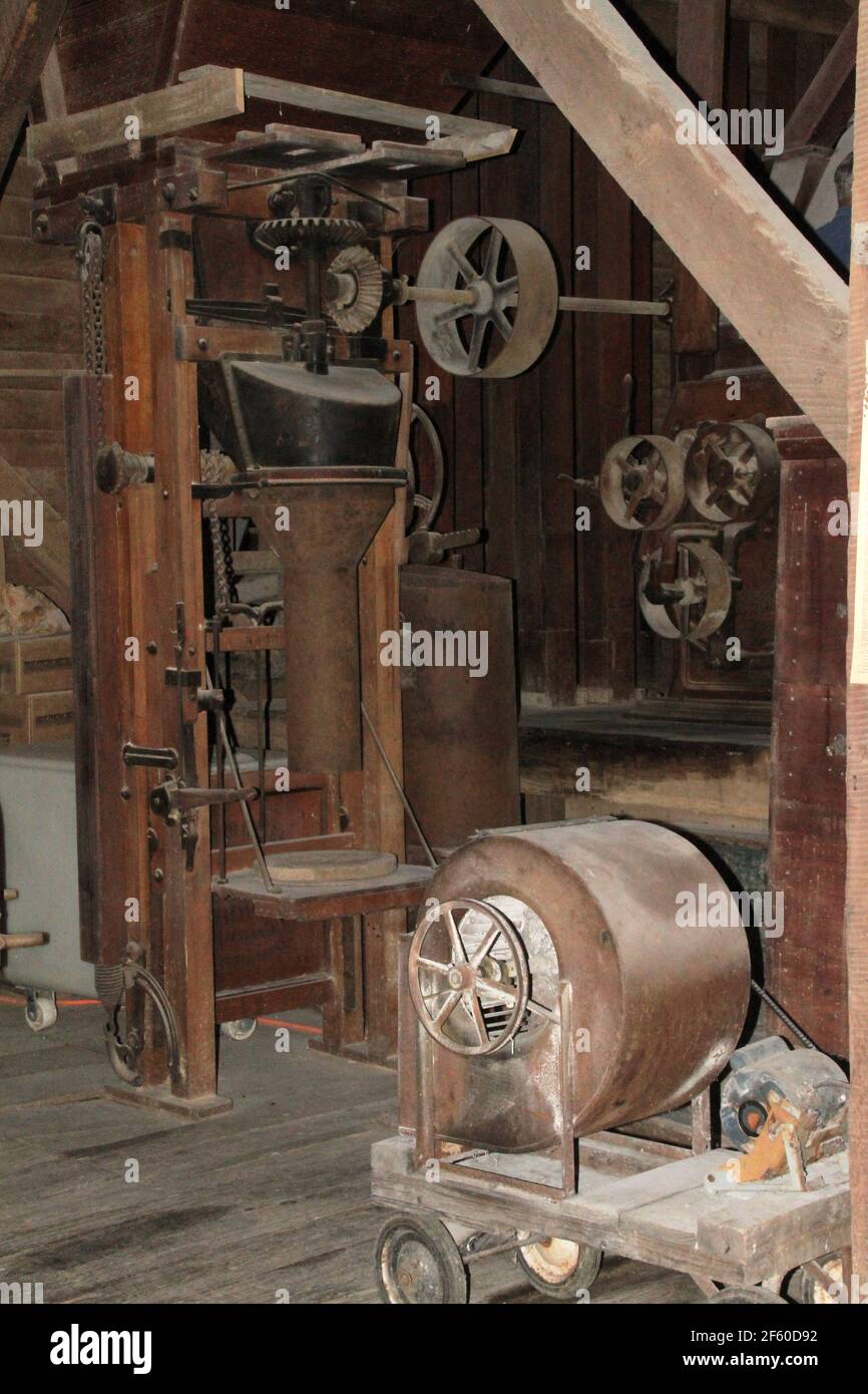 Interior of Woodson's Mill, a historic grist mill in Virginia, USA Stock Photo