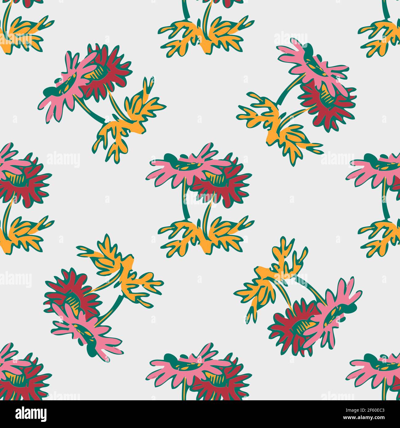 Hand drawn flowers daisy, leaves seamless pattern abstract background ...