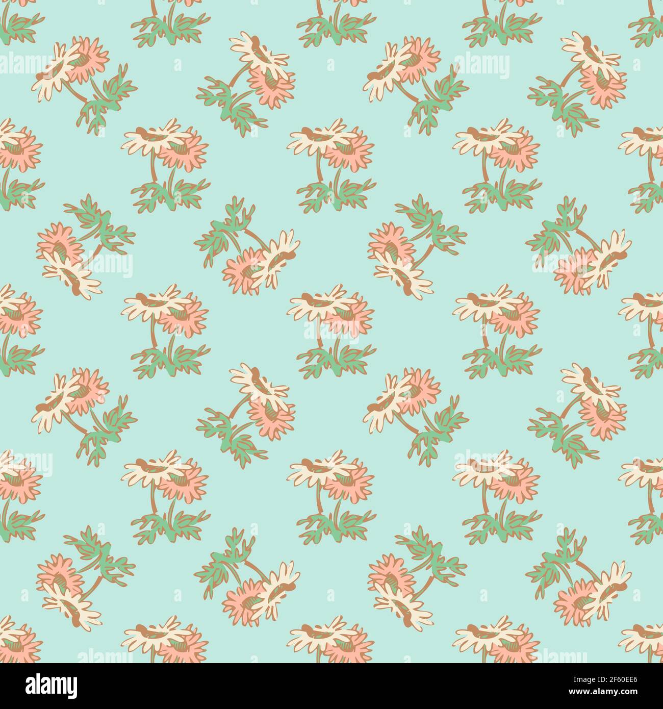Hand drawn flowers daisy, leaves seamless pattern abstract background ...