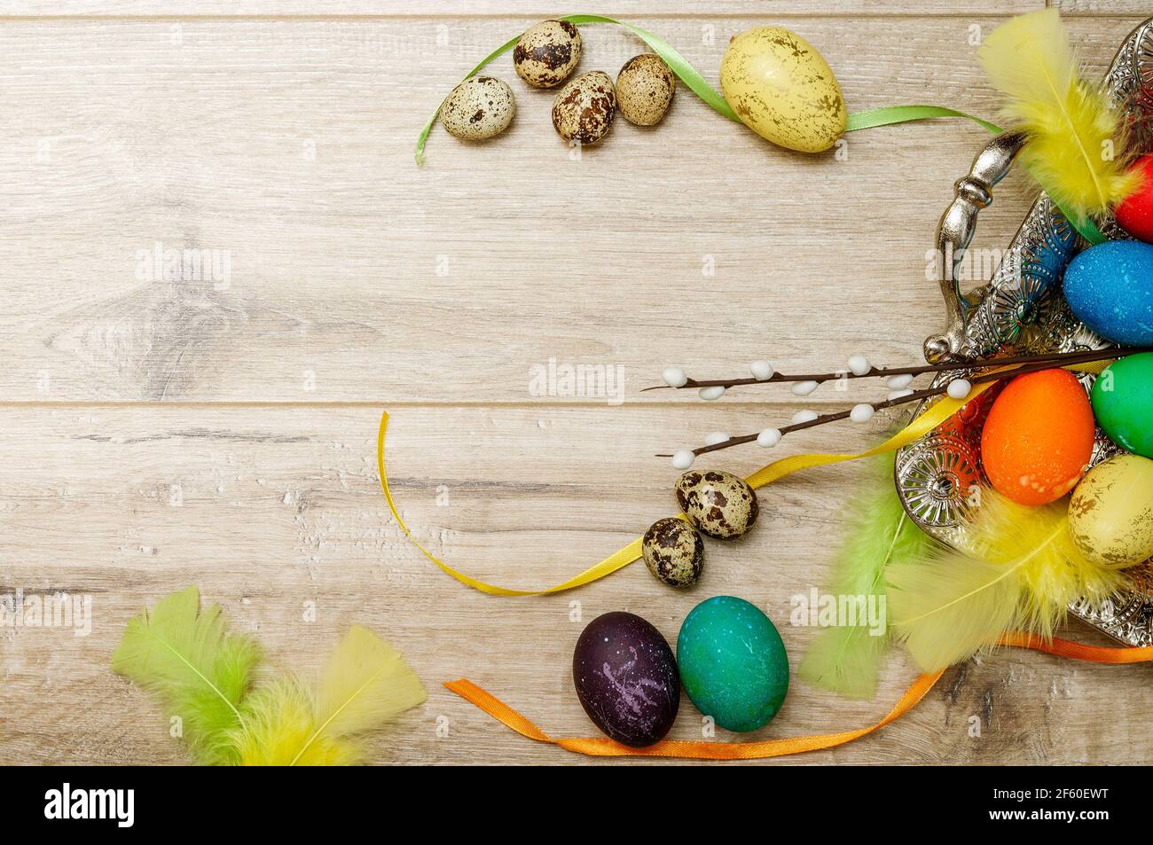 Easter background, composition with Easter eggs, place to paste the text, greeting card, flat Lay Stock Photo